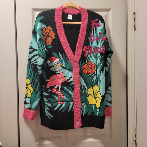 Holiday Time Black and Pink Flamingo Cardigan - Picture 1 of 5